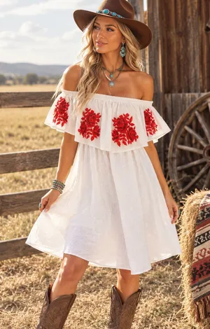 Umgee Off-The-Shoulder Boho Dress with Red Floral Embroidery & Pockets (Sz Large thumbnail 1