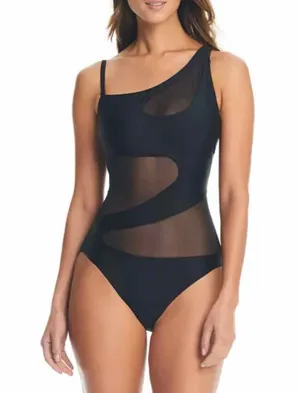 Bar III Women's One-Shoulder Mesh Cutout Swimsuit Black Size XL thumbnail 1