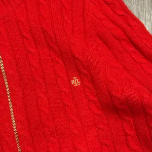 Ralph Lauren L-RL Red Cashmere Cable Knit Full Zip Cardigan Sweater 1X Preppy thumbnail 4