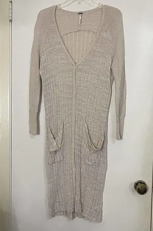 FREE PEOPLE tan knit long lightweight ribbed duster cardigan sweater size XS thumbnail 1