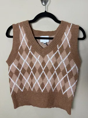 Pink Rose Tan Neutral Argyle Sweater Vest Top Size Small thumbnail 2