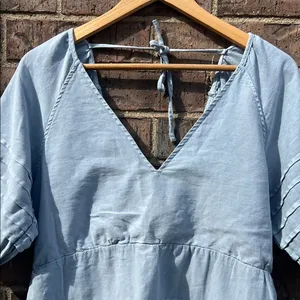 7 for All Mankind Blue Puff V-Neck Dress Cotton Coastal Boho Quiet Luxury Beachy thumbnail 3