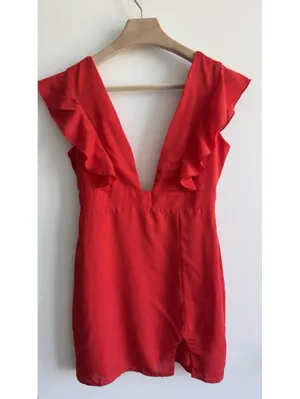 Superdown Harlow Mini Dress Red Ruffle Plunge V Neck Lined Size M NWT thumbnail 2