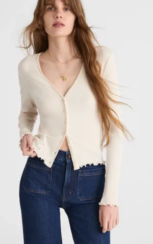 Madewell | NWT Lettuce Hem‎ V Neck Cardigan Ivory Ribbed | Sz XXS thumbnail 1