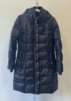 DKNY Women's Black Hooded Long Puffer Coat Down Fill Fleece Lined Jacket Small thumbnail 1