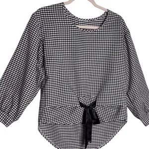 Gingham Black and White Plaid Gingham Bow Tie Front Blouse Long Sleeve Medium thumbnail 6