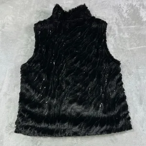 Betsey Johnson M Black Faux Fur Metalic Sequin Vest Full Zip Leopard Lined thumbnail 2