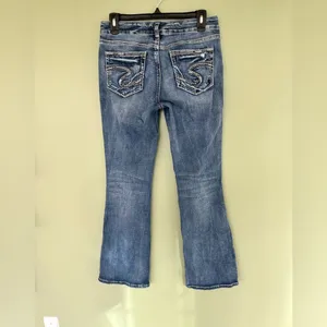 Silver Jeans Suki womens 29/31 medium wash mid rise slim bootcut Distressed blue thumbnail 6