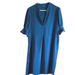 Umgee Womens Navy Blue‎ Split Neck Shift Dress Short Puff Ruffle Sleeve Size Large thumbnail 2