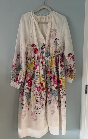 White Floral Midi Dress with Lace Trimmings & Flower Buttons thumbnail 1