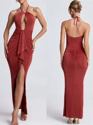 Oh Polly Margot Hardware Detail Cut-Out Halterneck Maxi Dress Auburn Brown thumbnail 2