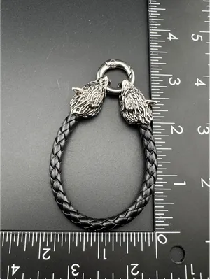 Viking Wolf Head Leather Bracelet 6 inches Black thumbnail 6