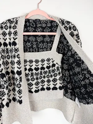 River Island Gray Black Fair Isle Patterned Cardigan Sweater Tank Matching Set thumbnail 6