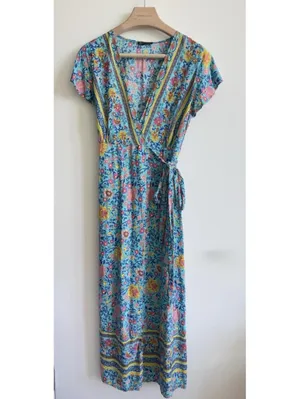 Prettygarden Floral Wrap Maxi Dress Blue Boho V Neck Short Sleeve Size S thumbnail 2