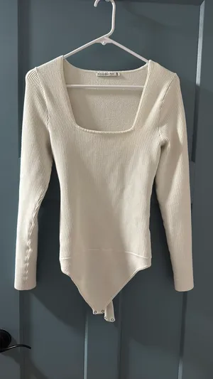 White Bodysuit Abercrombie Long Sleeve Ribbed thumbnail 4