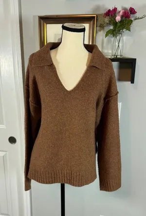 New Abound Womens Brown Marled V-Neck Polo Collar Sweater Medium thumbnail 1