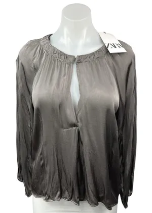 NEW Zara Silver Gray Silky Keyhole Round Neck Long Sleeve Blouse Top Size XS thumbnail 1