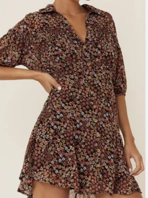 Free People Bonnie Mini Dress Medium Dusk Combo‎ NWT Floral Ruffle Smocked Boho thumbnail 1