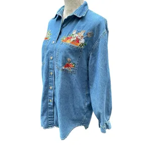 Vintage Cottagecore Autumn Embroidered Denim Shirt Harvest Teacher Western 90s M thumbnail 5