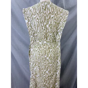 MIRTH‎ Olive Block Print Cotton Midi Dress Kantha Stitch Integrated Belt L thumbnail 10