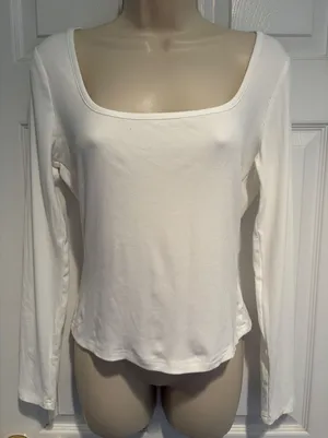 Edikted White Ribbed Square Neck Long Sleeve Top Large Y2k balletcore minimalist thumbnail 1
