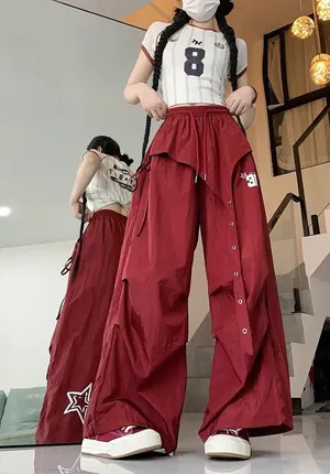 Yesstyle Drawstring Waist Cargo Pants Red thumbnail 1