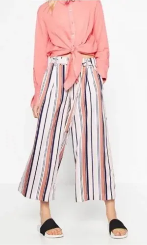 Zara Trafaluc Pink & White Striped Wide‎ Leg Cropped Pants Women's XS thumbnail 1