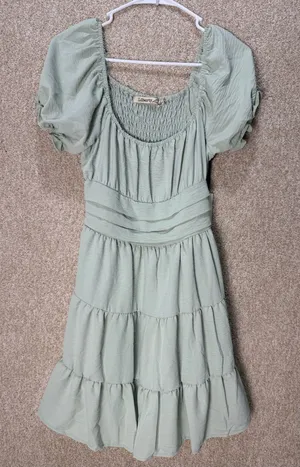 Liberty Love NWT Sage Green Tiered Puff Sleeve Smocked Mini Dress milk maid garden party med thumbnail 1