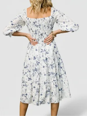 Baltic Born Marta Smocked Floral Midi Dress in White and Blue Size: L thumbnail 3