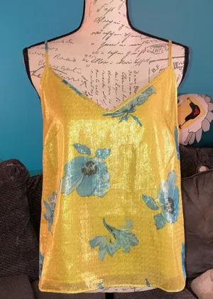 NWT Bar III Yellow Blue Graphic Bloom Metallic Shine Lined Camisole Top, Medium thumbnail 1