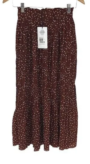 Exlura Women's High Waist Elastic Polka Dot Pleated Midi Tiered Skirt Brown Sma thumbnail 1