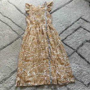THML midi dress brown white line print ruffle sleeve smocked medium thumbnail 8