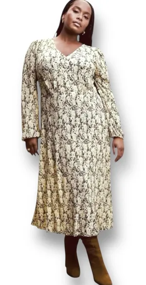 Mango‎ Cream Black Floral Textured Midi Dress Long Sleeve Autumn Wedding Guest thumbnail 1