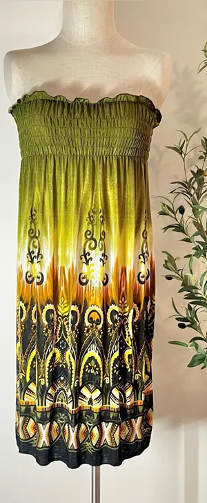 Y2K Strapless Green Ombre Maxi Skirt with Ethnic Print thumbnail 1