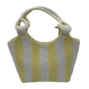NWT~Striped Beaded Yellow & White Tote Hand Bag thumbnail 6
