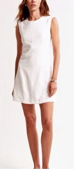 Abercrombie denim mini dress mila high neck petite short sleeveless cream thumbnail 1