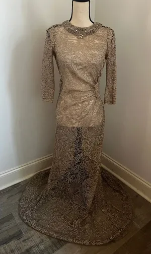 Teri Jon Gold Lace Beaded Neck Mermaid Gown Size 8 Vintage Designer Sheer Dress thumbnail 1