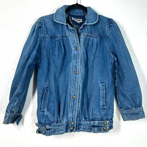 12 L vintage 1980s denim bomber jacket jean puff shoulder Western Cowgirl Chic thumbnail 2