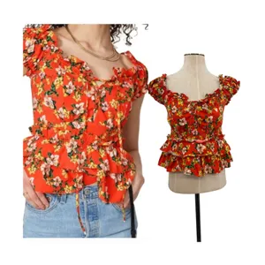 Marissa Webb Amaya Floral Ruffle Peplum Top Puff Sleeve Red Size 6‎ thumbnail 2