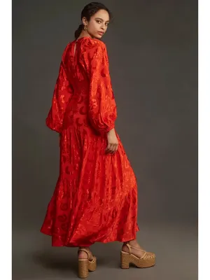 NWT Anthropologie x FARM Rio Red Satin Long-Sleeve V-Neck Jacquard Maxi Dress M thumbnail 3