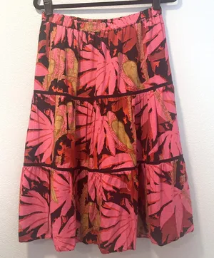 J Crew Size-S-M Tiered Midi‎ Skirt Pink Palm Tropical Print thumbnail 1