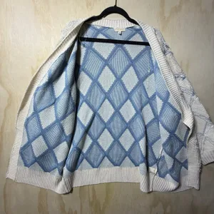 Gilded Intent Cardigan‎ Sweater L Blue Cream Chunky Knit Open Front thumbnail 4