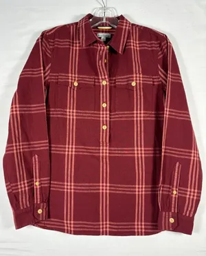 LL Bean Signature Womens‎ Small Burgundy Plaid Cotton Flannel Popover Shirt thumbnail 1