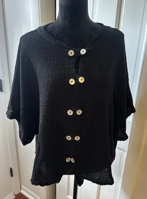Oh My Gauze Black Cotton Gauze Button Front Oversized Top Boho Lagenlook Resort thumbnail 1