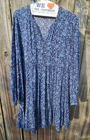 Beachlunchlounge Printed Tiered Babydoll Blue Dress XL Long Sleeves thumbnail 1