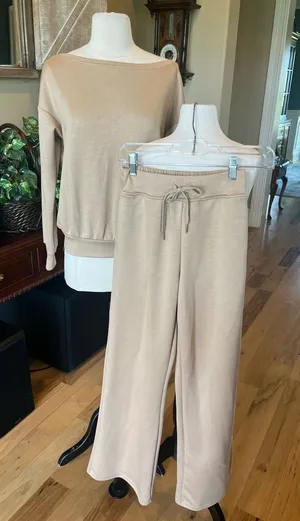 Tan Comfy Track Suit Women's Lounge Pants Drawstring and Matching Sweatshirt New thumbnail 1