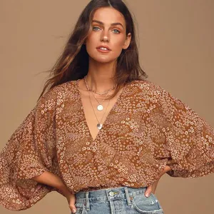 Lulus Promises Kept Brown Floral Print Sheer Smocked Top women's large cottage thumbnail 1