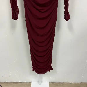 NWT Pretty Garden Burgundy Mesh Ruched Off Shoulder Bodycon Midi‎ Dress Wine Med thumbnail 3