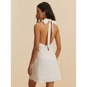 Commense Old Money Minimalist Cotton & Linen Backless White Halter Dress NWT XS thumbnail 8