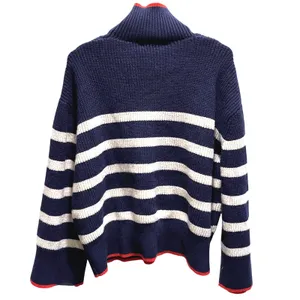 Zara Striped Mock Neck Sweater Womens Small Navy Blue Red Trim‎ Nautical Ribbed thumbnail 4